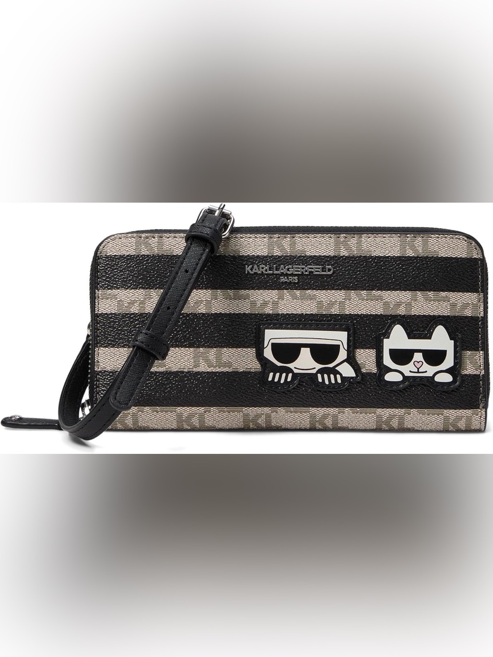 Karl Lagerfeld Black & Beige Striped Crossbody with Icon Patch